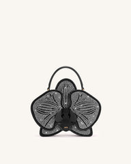 Flora Artificial Crystal Orchid ShapeD Top Handle Bag - Black