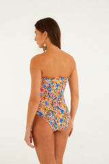 Multicolor Floraline Smocked Strapless One-Piece Swimsuit