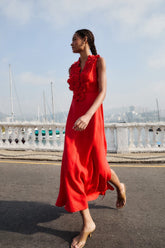 Red 3d Flower Maxi Dress