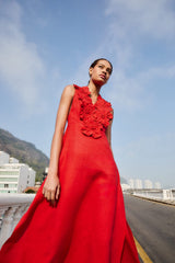 Red 3d Flower Maxi Dress