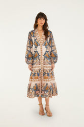 Soft Pink Sea Garden Scarf Pleated Midi Dress