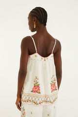 Off-White Flower Embroidery Open Back Sleeveless Blouse