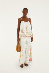 Off-White Flower Embroidery Open Back Sleeveless Blouse