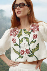 Off-White Flower Embroidered Crop Top