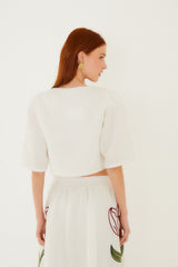 Off-White Flower Embroidered Crop Top