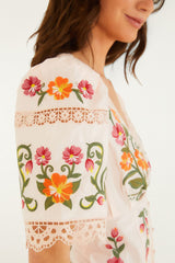 Off-White Flower Embroidery Puff Sleeve Blouse