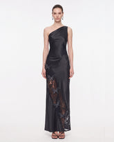 Lace Panel One-Shoulder Satin Maxi Dress - Black