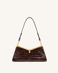 Nerina V-Frame Shoulder Bag - Dark Brown Croc