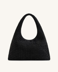 Laura Faux Suede Woven Shoulder Bag - Black