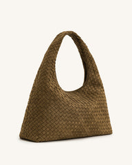 Laura Faux Suede Woven Shoulder Bag - Olive Green