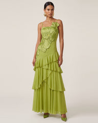 Orchid Embroidered Ruffled One-Shoulder Maxi Dress - Olive Green
