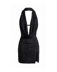 Orchid Beaded Embroidered Cowl Halter Slit Mini Dress - Black