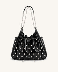 Rowan Studded Ruched Drawstring Chain Bucket Bag - Shiny Black
