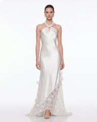 Lace Panel Halter Satin Maxi Dress - White