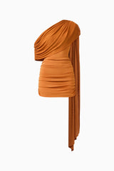CURAAE Roya Asymmetric Mini Dress in Caramel Brown