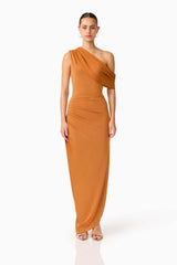 CURAAE Roya Off Shoulder Maxi Dress in Caramel Brown