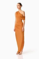 CURAAE Roya Off Shoulder Maxi Dress in Caramel Brown