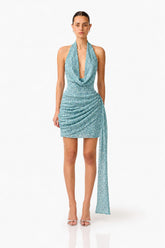 CURAAE Orel Cowl Neck Mini Dress in Blue