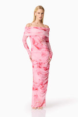 CURAAE Rosalia Off The Shoulder Maxi Dress in Pink Floral