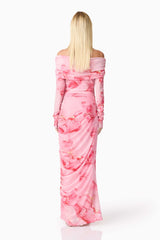 CURAAE Rosalia Off The Shoulder Maxi Dress in Pink Floral