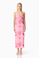 CURAAE Rosalia Strapless Midi Dress in Pink Floral