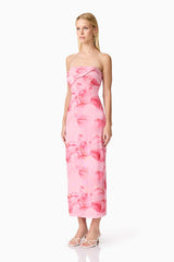 CURAAE Rosalia Strapless Midi Dress in Pink Floral
