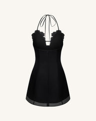 Flower Embroidered Mini Dress - Black