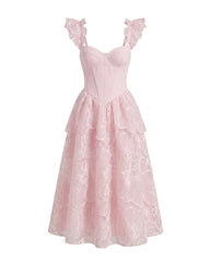 Orchid Embroidered Flutter-Sleeve Midi Dress - Blush Pink