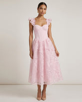 Orchid Embroidered Flutter-Sleeve Midi Dress - Blush Pink
