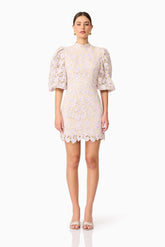 Jasmine Puff Sleeve Mini Dress in Purple & Beige