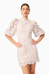 Jasmine Puff Sleeve Mini Dress in Purple & Beige