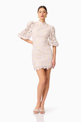 Jasmine Puff Sleeve Mini Dress in Purple & Beige