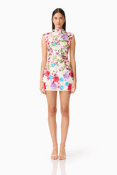 Rosette Sleeveless Mini Dress in Multi Floral