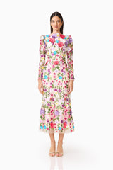 Rosette Long Sleeve Midi Dress in Multi Floral