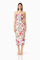 Rosette Strapless Midi Dress in Multi Floral
