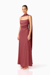 Calista Neck Scarf Gown in Burgundy