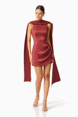 Calista Neck Scarf Mini Dress in Burgundy