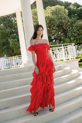 Yvette Off Shoulder Gown in Vermilion Red
