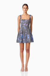 Allana Jacquard Mini Dress in Black & Blue Floral