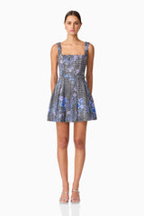 Allana Jacquard Mini Dress in Black & Blue Floral