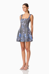 Allana Jacquard Mini Dress in Black & Blue Floral