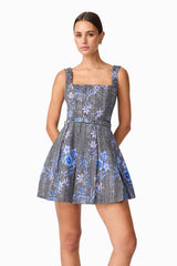 Allana Jacquard Mini Dress in Black & Blue Floral