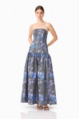 Allana Jacquard Strapless Gown in Black & Blue Floral