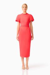 Coralene Puff Sleeve Midi Dress in Red