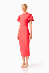 Coralene Puff Sleeve Midi Dress in Red