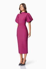 Ella Puff Sleeve Midi Dress In Burgundy