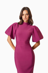 Ella Puff Sleeve Midi Dress In Burgundy