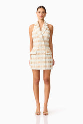 Ashlyn Halter Tweed Mini Dress in White & Gold