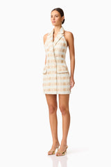 Ashlyn Halter Tweed Mini Dress in White & Gold