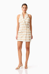 Ashlyn Halter Tweed Mini Dress in White & Gold